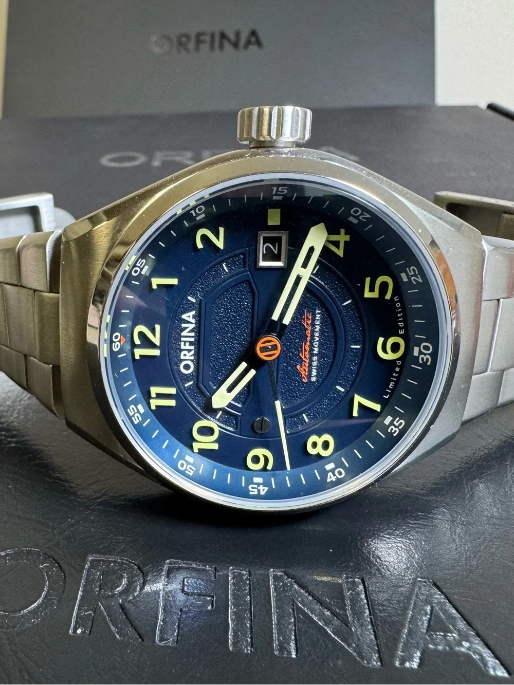 orfina founders edition automatic date stainless steel 42 mm wristwatch